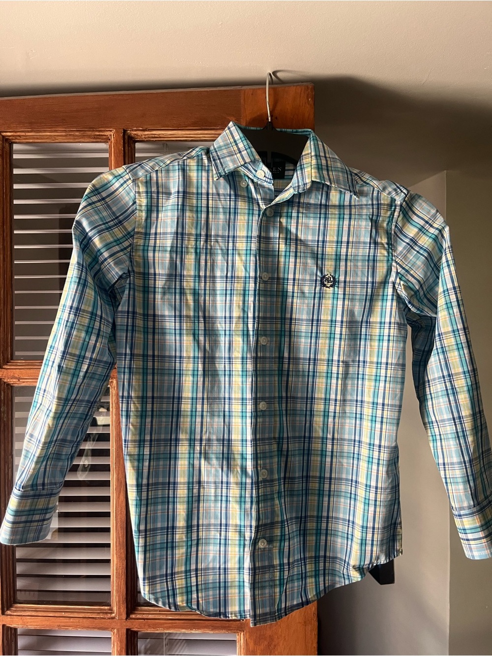 Boy’s Ralph Lauren Plaid Button-Down Shirt in Light Blue & Green, size 8